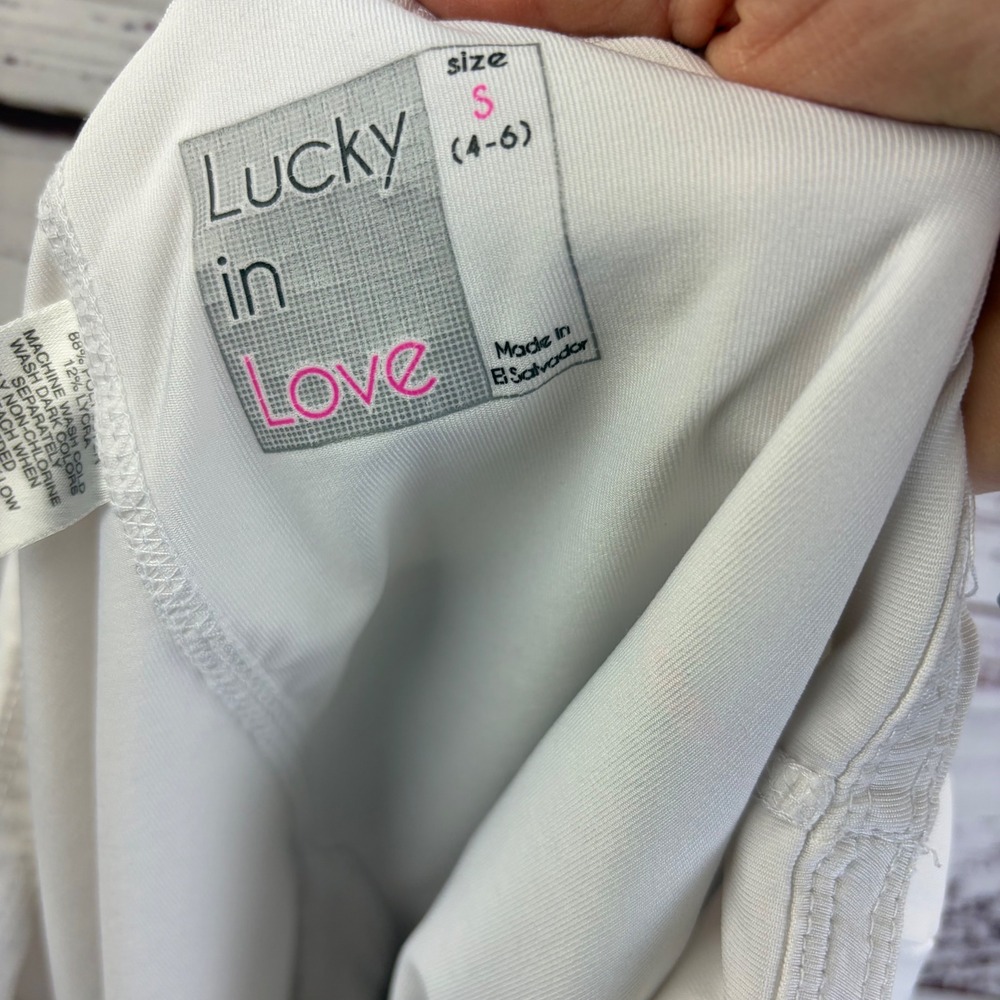 Lucky in Love Women Small Tennis Skort White Denim Pink Ruffle Skirt Pickleball - Picture 4 of 7